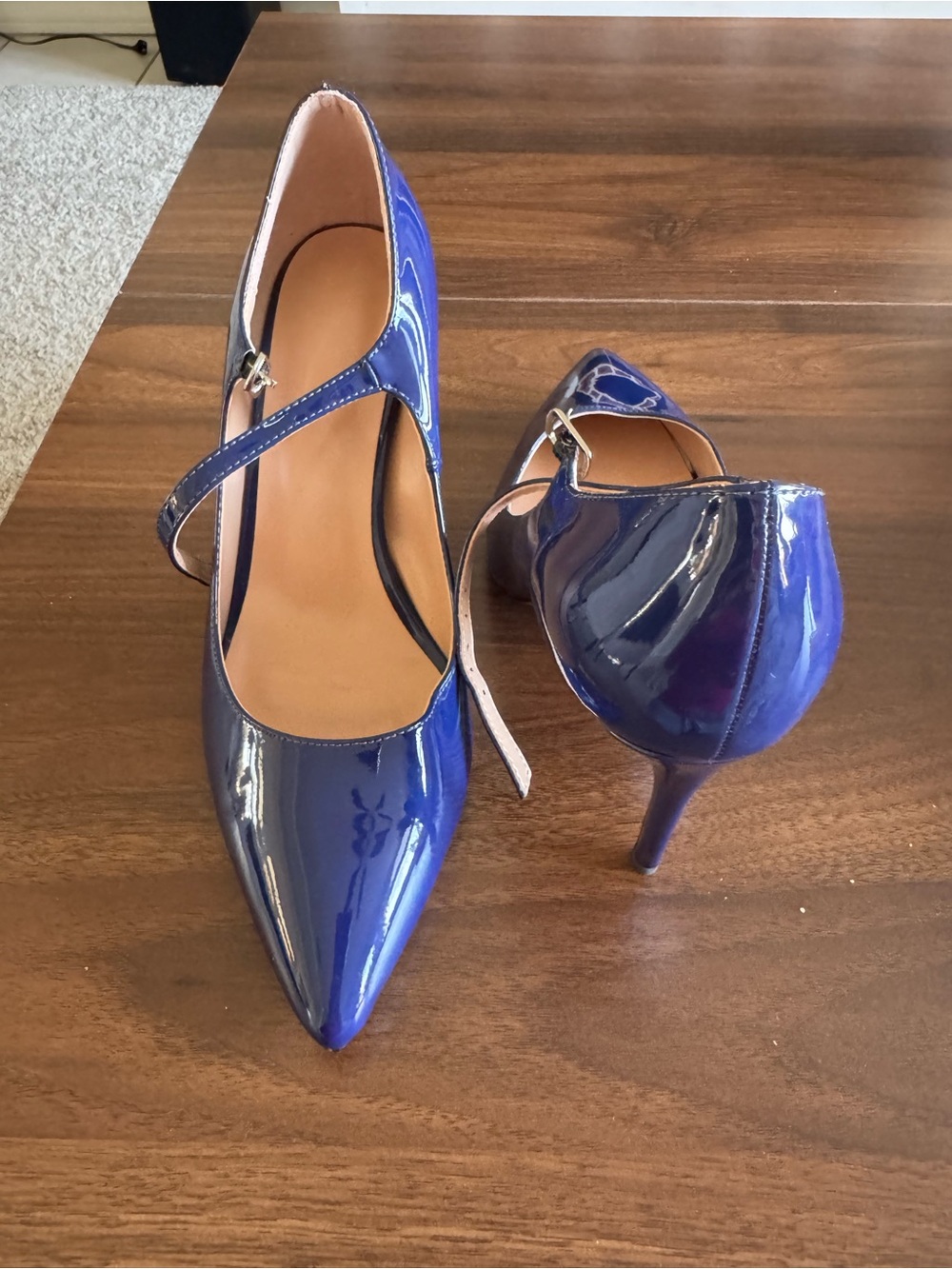 Patent Pointed-Toe Mary Jane Pumps in Deep Blue